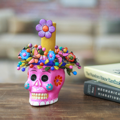 Ceramic candleholder, 'Fuchsia Floral Skull' - Fuchsia Floral Ceramic Skull Taper Candleholder