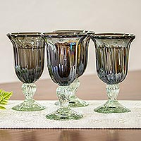 Hand blown glass goblets, 'Royal Fete' (set of 4) - Fluted Hand Blown Glass Goblets in Purple (Set of 4)