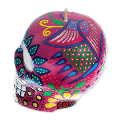 Hand-painted candle, 'Colorful Deep Rose Skull' - Deep Rose Hand Painted Mexican Day of the Dead Skull Candle