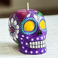 Candle, 'Colorful Purple Floral Skull' - Colorful Purple Floral Mexican Day of the Dead Skull Candle