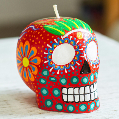 Handbemalte Kerze, 'Bunter roter Totenschädel'. - Handbemalte mexikanische Kerze zum Tag des toten roten Totenschädels