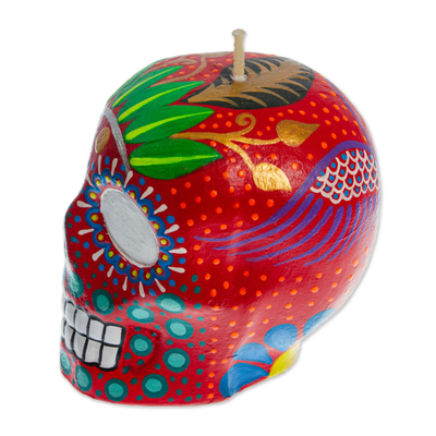 Hand-painted candle, 'Colorful Red Skull' - Hand Painted Mexican Day of the Dead Red Skull Candle