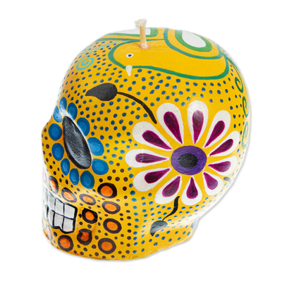 Hand-painted candle, 'Colorful Yellow Skull' - Hand Painted Mexican Day of the Dead Yellow Skull Candle