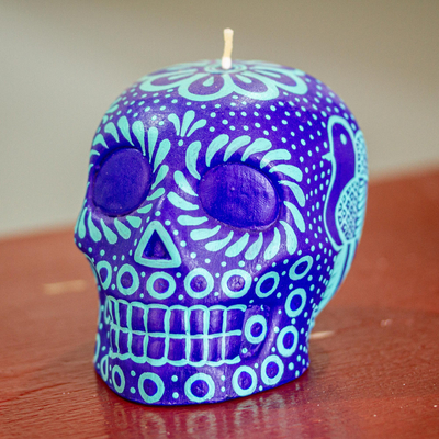 Handbemalte Kerze - Mexikanische Lila- und Aqua-Tag-der-Toten-Totenkopf-Kerze