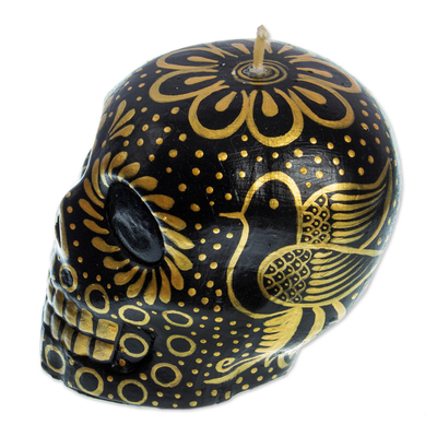 Hand-painted candle, 'Black and Yellow Skull' - Black & Yellow Mexican Day of the Dead Skull Candle