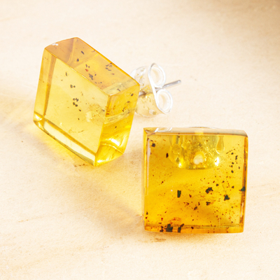 Amber stud earrings, 'Simplicity Squared' - Square Amber and Sterling Silver Stud Earrings