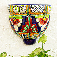 Jardinera de pared de cerámica, 'Flores de jardín' - Jardinera de pared de cerámica estilo Talavera hecha a mano