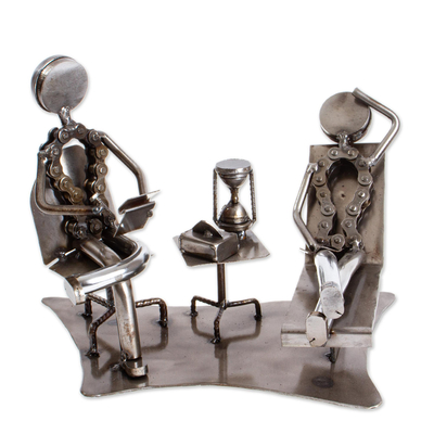 Recycled auto parts sculpture, 'Rustic Psychologist' - Hand Crafted Recycled Metal Psychologist Sculpture