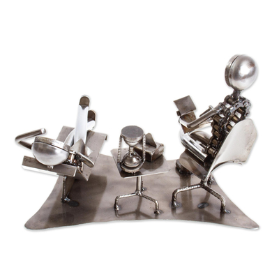 Recycled auto parts sculpture, 'Rustic Psychologist' - Hand Crafted Recycled Metal Psychologist Sculpture
