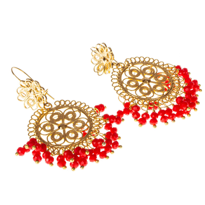 Gold plated filigree chandelier earrings, 'Valley Flower in Red' - Red Crystal 10k Gold Plated Chandelier Earrings