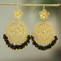 Gold plated filigree chandelier earrings, 'Valley Flower in Black' - Gold Plated Chandelier Earrings with Black Crystal