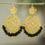 Gold plated filigree chandelier earrings, 'Valley Flower in Black' - Gold Plated Chandelier Earrings with Black Crystal thumbail