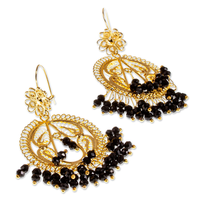 Gold plated filigree chandelier earrings, 'Valley Flower in Black' - Gold Plated Chandelier Earrings with Black Crystal