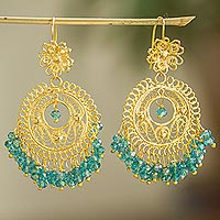 Gold plated filigree chandelier earrings, 'Valley Treasure' - Blue Crystal and Gold Plated Filigree Chandelier Earrings