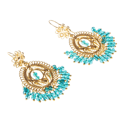 Gold plated filigree chandelier earrings, 'Valley Treasure' - Blue Crystal and Gold Plated Filigree Chandelier Earrings