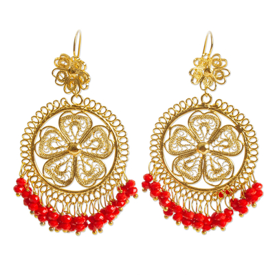 Scarlet Beaded Gold Plated Chandelier Earrings