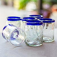 Blown glass juice glasses, 'Paloma' (set of 6) - Blue-rimmed Etched Clear Juice Glasses (Set of 6)