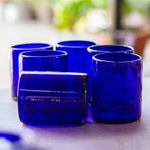 Blown glass juice glasses, 'Paloma Azul' (set of 6) - Blue Etched Hand Blown Juice Glasses (Set of 6)