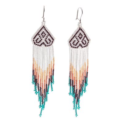 Long beaded waterfall earrings, 'Huichol Chevron in Plum' - Long Huichol Style Beaded Dangle Earrings