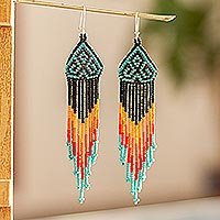 Long beaded waterfall earrings, 'Huichol Chevron in Black' - Extra Long Beaded Huichol-Style Earrings