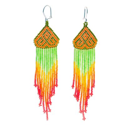 Long beaded waterfall earrings, 'Huichol Chevron in Saffron' - Huichol-Style Long Beaded Earrings