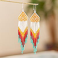 Long beaded waterfall earrings, 'Huichol Chevron in White' - Multicolored Hand Crafted Long Beaded Earrings