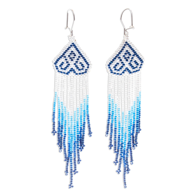 Blue and White Huichol Beaded Dangle Earrings