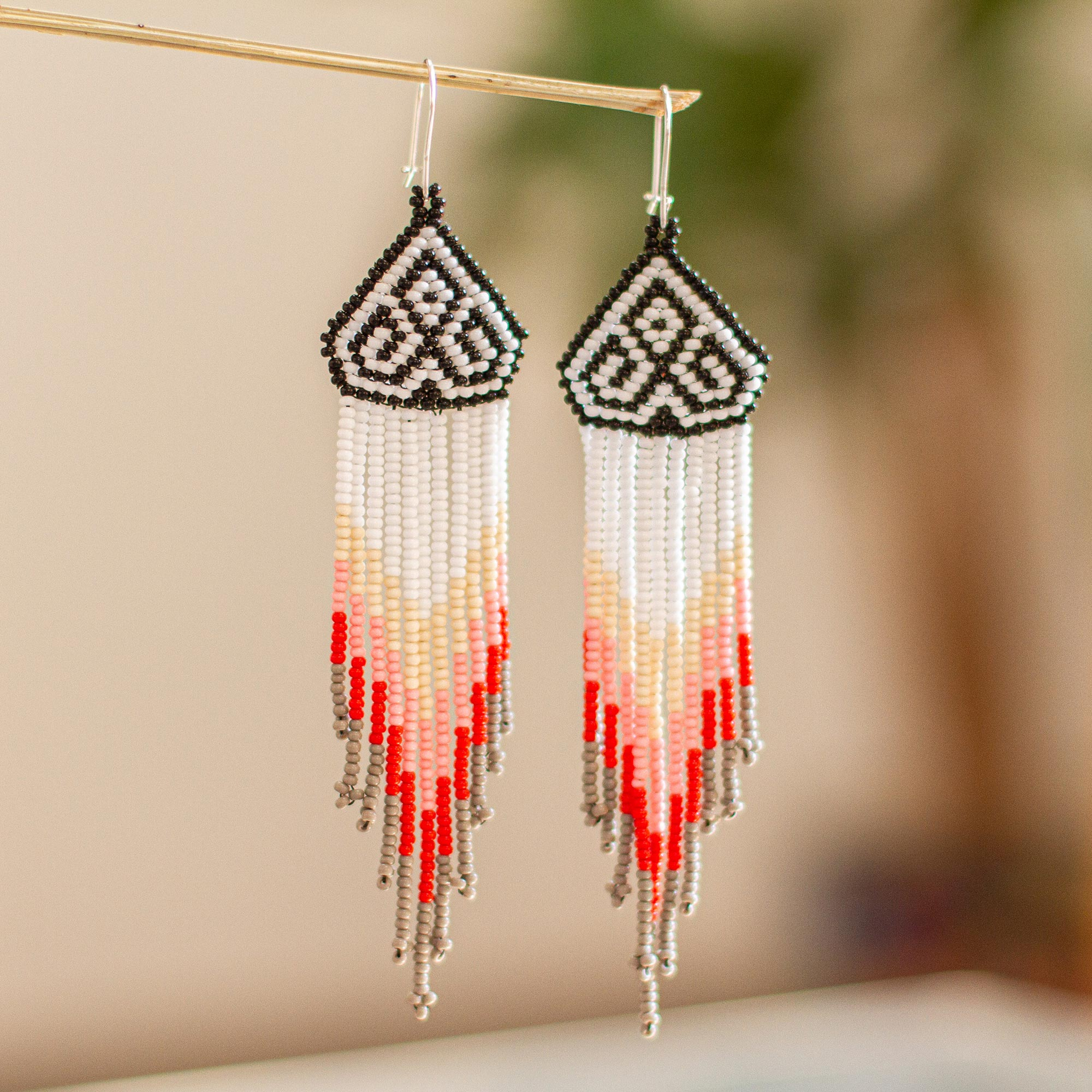 beaded earring drop earring Silver and White beaded earring boho dangle earring native indian, dangle earring boho drop earring