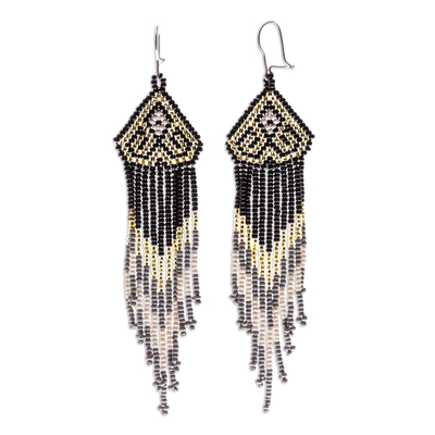 Long beaded waterfall earrings, 'Huichol Chevron in Gold' - Beaded Long Dangle Earrings from Mexico
