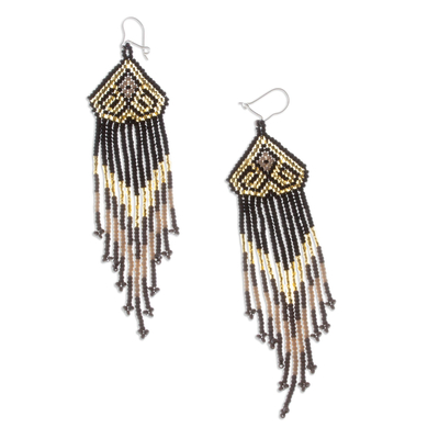 Long beaded waterfall earrings, 'Huichol Chevron in Gold' - Beaded Long Dangle Earrings from Mexico