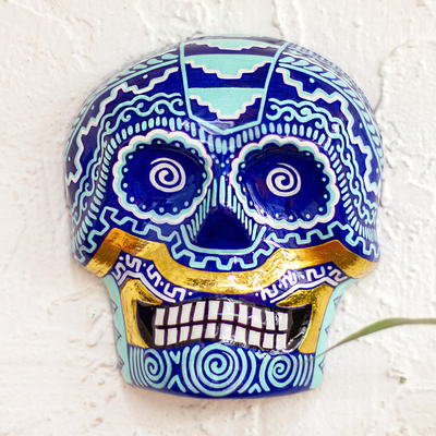 Ceramic mask, 'Aztec Blue and Gold' - Hand Crafted Blue and Gold Skull Mask