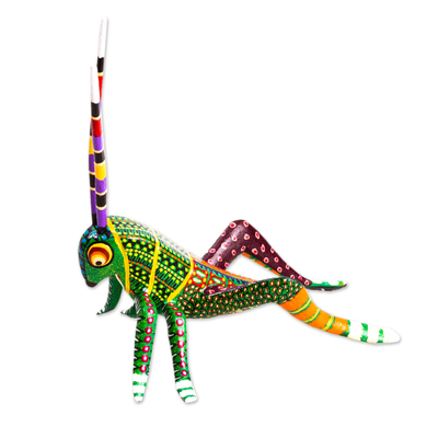 Escultura de alebrije de madera, 'Spry Grasshopper' - Figura Alebrije de saltamontes hecha a mano