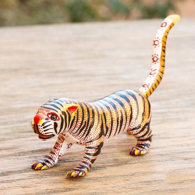 Wood alebrije sculpture, 'Brilliant Tiger' - Small Cedar Wood Tiger Alebrije Sculpture