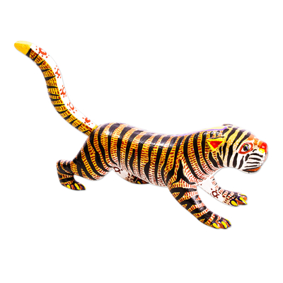 Escultura de alebrije de madera, 'Tigre Brillante' - Escultura Alebrije de Tigre de Madera de Cedro Pequeña