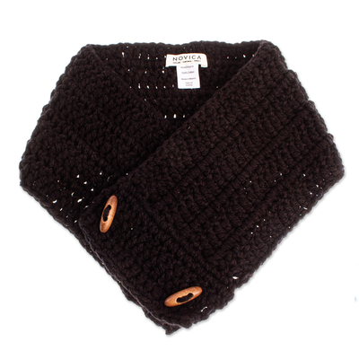Cotton blend neck warmer, 'Warm Ebony' - Hand Crocheted Black Neck Warmer