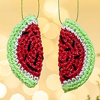 Crocheted ornaments, 'Sweet Slice' (pair) - Artisan Crafted Watermelon Ornaments (Pair)