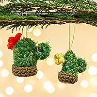 Crocheted ornaments, 'Christmas Cacti' (pair) - Unique Crocheted Cactus Christmas Ornaments (Pair)
