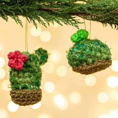 Crocheted ornaments, 'Desert Cheer' (pair) - Hand Crocheted Potted Cactus Ornaments (Pair)