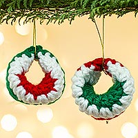 Crocheted ornaments, 'Festive Circles' (pair) - Round Crocheted Ornaments from Mexico (Pair)