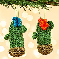 Crocheted ornaments, 'Saguaro Cheer' (pair) - Crocheted Saguaro Cactus Ornaments (Pair)