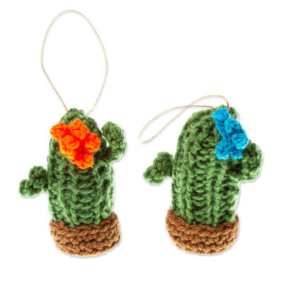 Crocheted ornaments, 'Saguaro Cheer' (pair) - Crocheted Saguaro Cactus Ornaments (Pair)