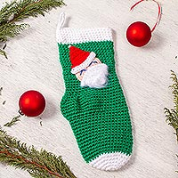 Crocheted Christmas stocking, 'Santa's Here' - Green Santa-Themed Christmas Stocking