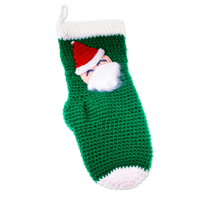 Crocheted Christmas stocking, 'Santa's Here' - Green Santa-Themed Christmas Stocking