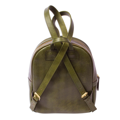 Tooled leather backpack, 'Falling Leaves in Olive' - Hand Tooled Olive Leather Backpack