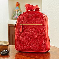 Tooled leather backpack, 'Falling Leaves in Red' - Bright Red Tooled Leather Backpack