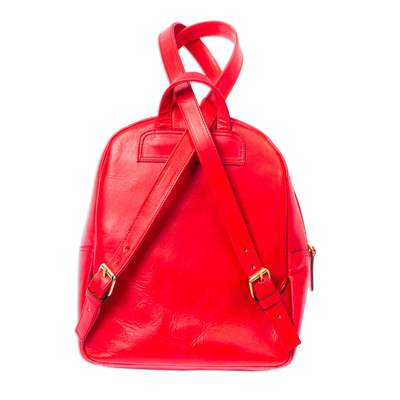 Tooled leather backpack, 'Falling Leaves in Red' - Bright Red Tooled Leather Backpack
