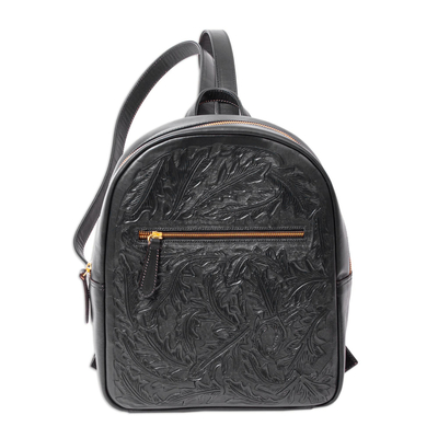 Tooled leather backpack, 'Falling Leaves in Navy' - Hand Crafted Navy Leather Backpack