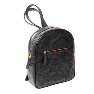 Tooled leather backpack, 'Falling Leaves in Navy' - Hand Crafted Navy Leather Backpack