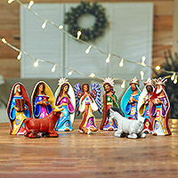 Ceramic nativity scene, 'Regal Christmas' (11 pieces) - Ceramic 11-Piece Nativity Scene in Jewel Colors from Mexico