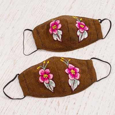 Embroidered cotton face mask, 'Chiapas Blossoms' (pair) - Hand Crafted Floral Cotton Face Masks (Pair)